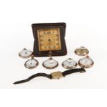 Konv. Uhren, 6 Taschenuhren, 1 Armbanduhr und 1 Wecker, teilweise Silber, teilweise defekt