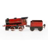 Märklin B-Dampflok R 970, Spur 0, rot/schwarz, mit Tender, Uhrwerk wohl intakt, tw ergänzt und NV,