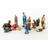 Krippenfiguren, Gips, bemalt, mit der hl. Familie, den hl. 3 Königen, Hirten und Tieren, Figurenhöhe