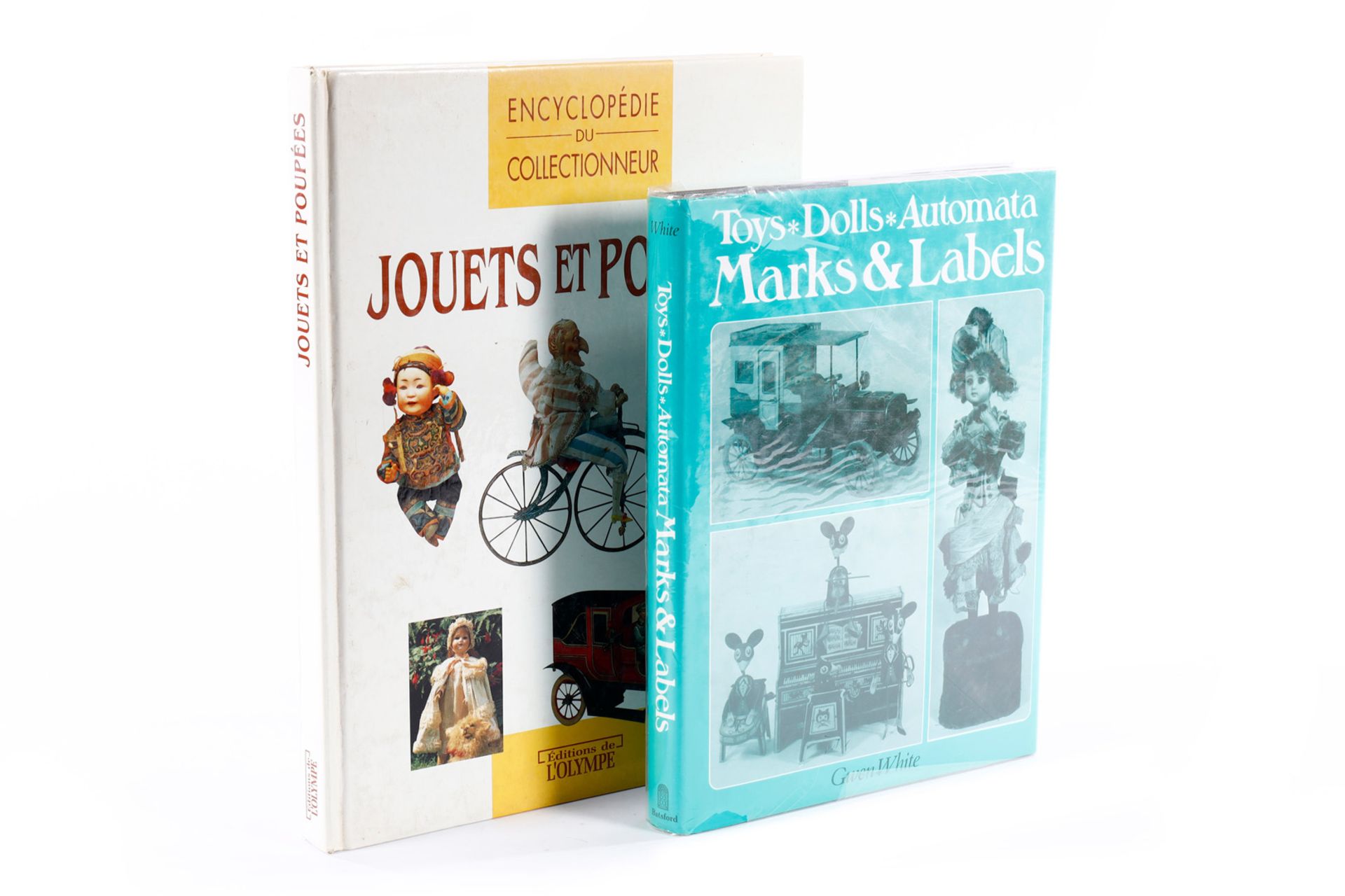 2 Bücher, ”Toys, Dolls, Automata Marks & Labels” und ”Jouets et Poupées”, Gebrauchsspuren