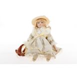 Puppe, mit Porzellangliedern, mit Hut und Blumenkorb, H 45