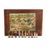 Alte Holzkiste, mit schönem Deckelbild, gefüllt mit 10 Massefiguren, darunter 3 Elastolin Kinder,