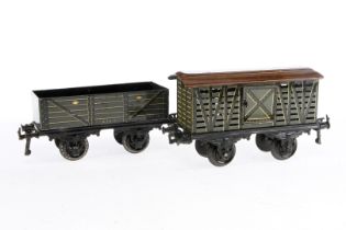 2 Bing Güterwagen, Spur 1, CL, LS und gealterter Lack, L 19,5, Z 3