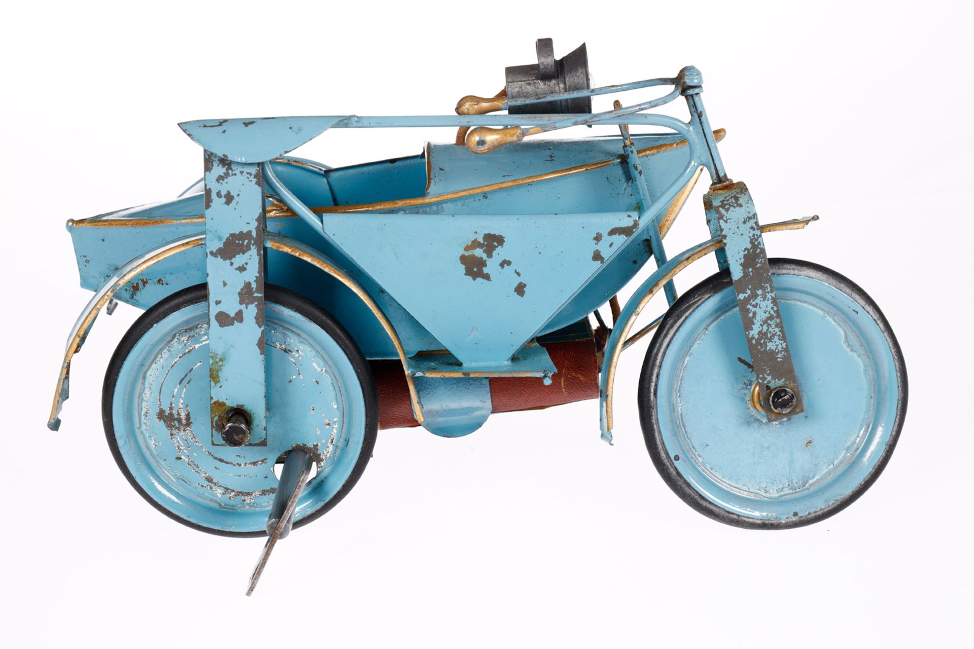 Pinard Motorrad mit Seitenwagen, uralt, hellblau handlackiert, Uhrwerk intakt, mit elektrisch - Image 9 of 9