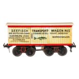 Bing Seefisch-Transportwagen, Spur 1, uralt, HL, 2 ST, 4A, Klarlacküberzug, Dach und Rotbereich