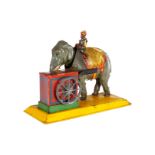 Elefant an Drehorgel, mit Mahout, uralt, CL, intakt, LS, L 22, Z 3