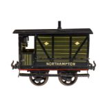 Bing engl. Heizwagen ”Northampton”, Spur 1, uralt, HL, 2 halbe AT, 2 Stecklaternen, lange