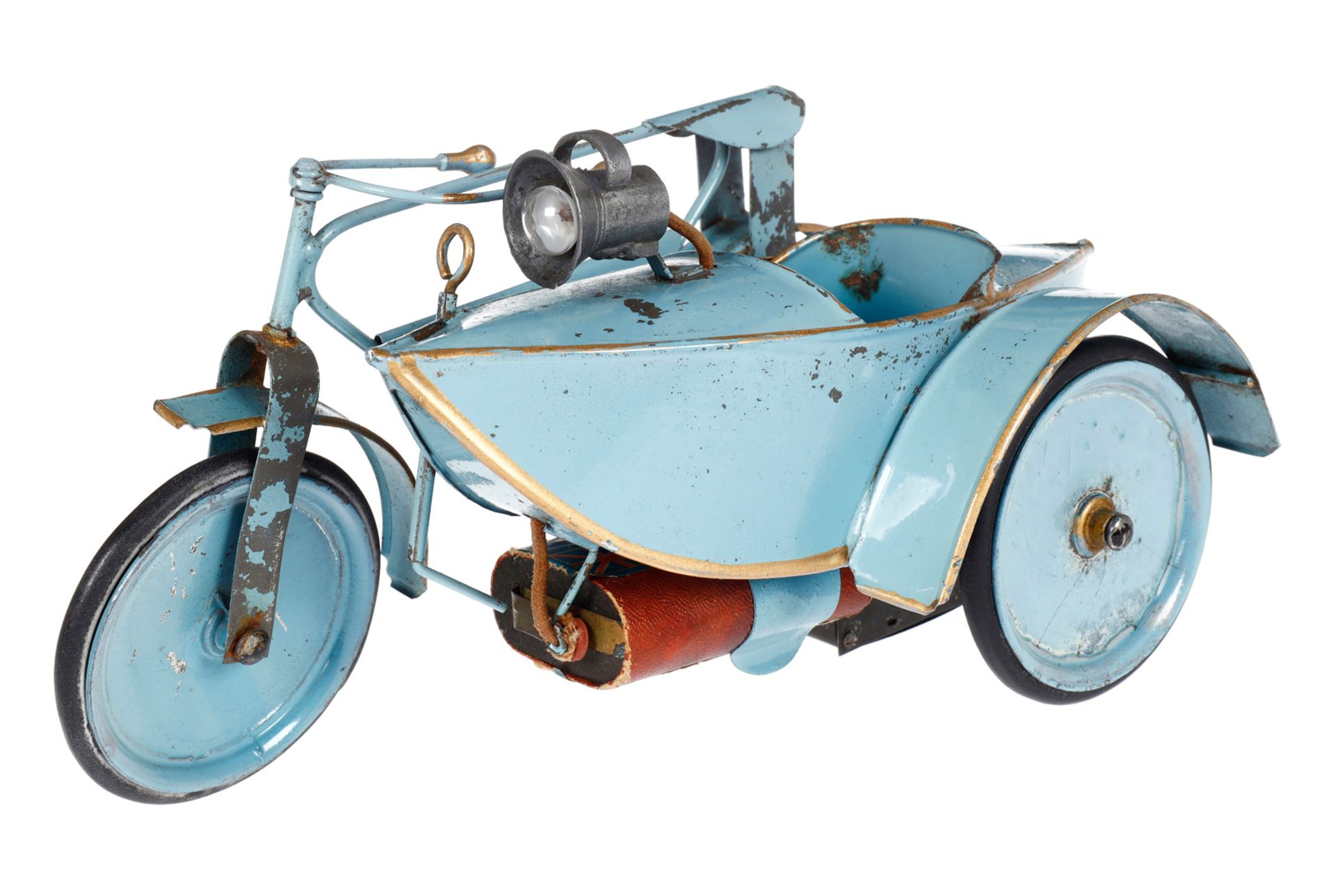 Pinard Motorrad mit Seitenwagen, uralt, hellblau handlackiert, Uhrwerk intakt, mit elektrisch