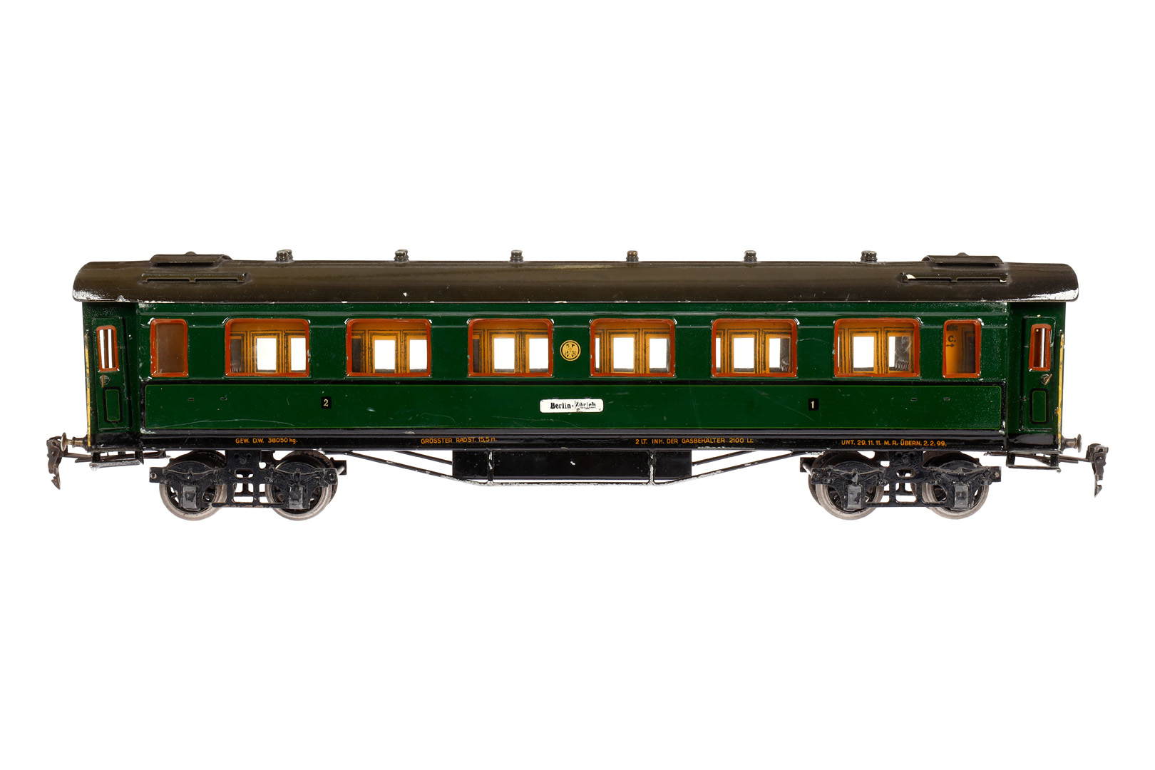 Märklin Personenwagen 1945 G, Spur 1, HL, mit Inneneinrichtung, 4 AT, 4A-Gussräder, dazu 2