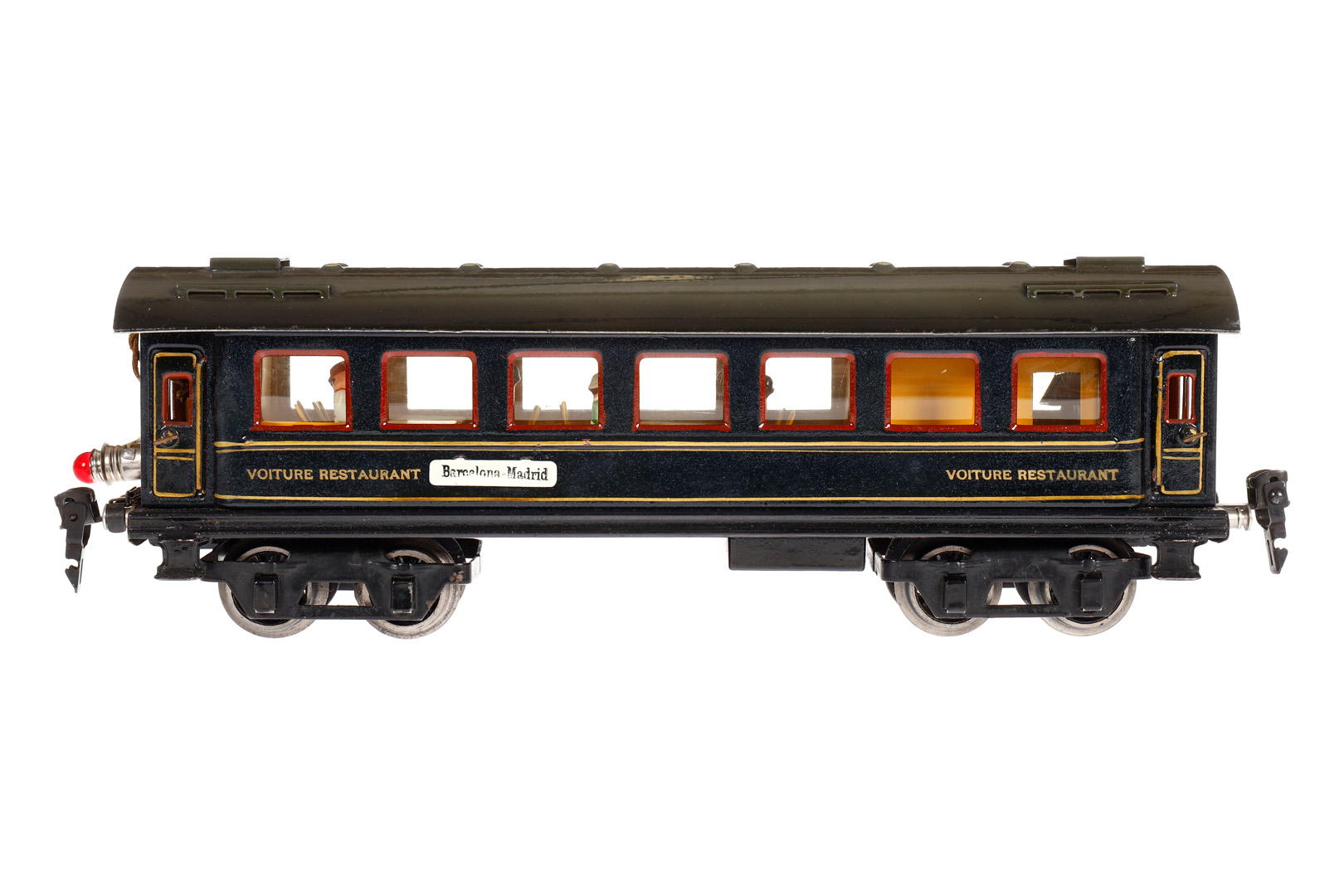 Märklin int. Speisewagen 1846 G, Spur 0, HL, mit Inneneinrichtung, 4 AT, Gussrädern, Schildern,