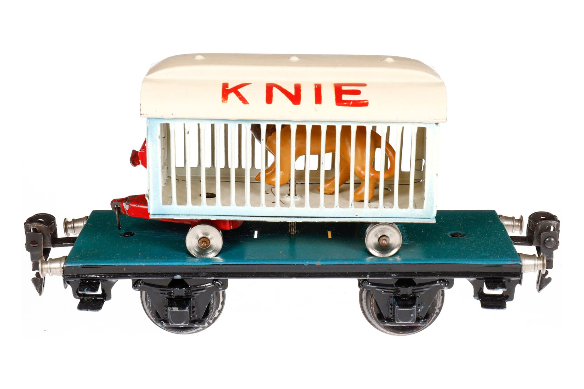 Märklin Plattformwagen 1983, Spur 0, HL, mit Knie Tierwagen und Replik-Löwe, Schraube ersetzt, LS