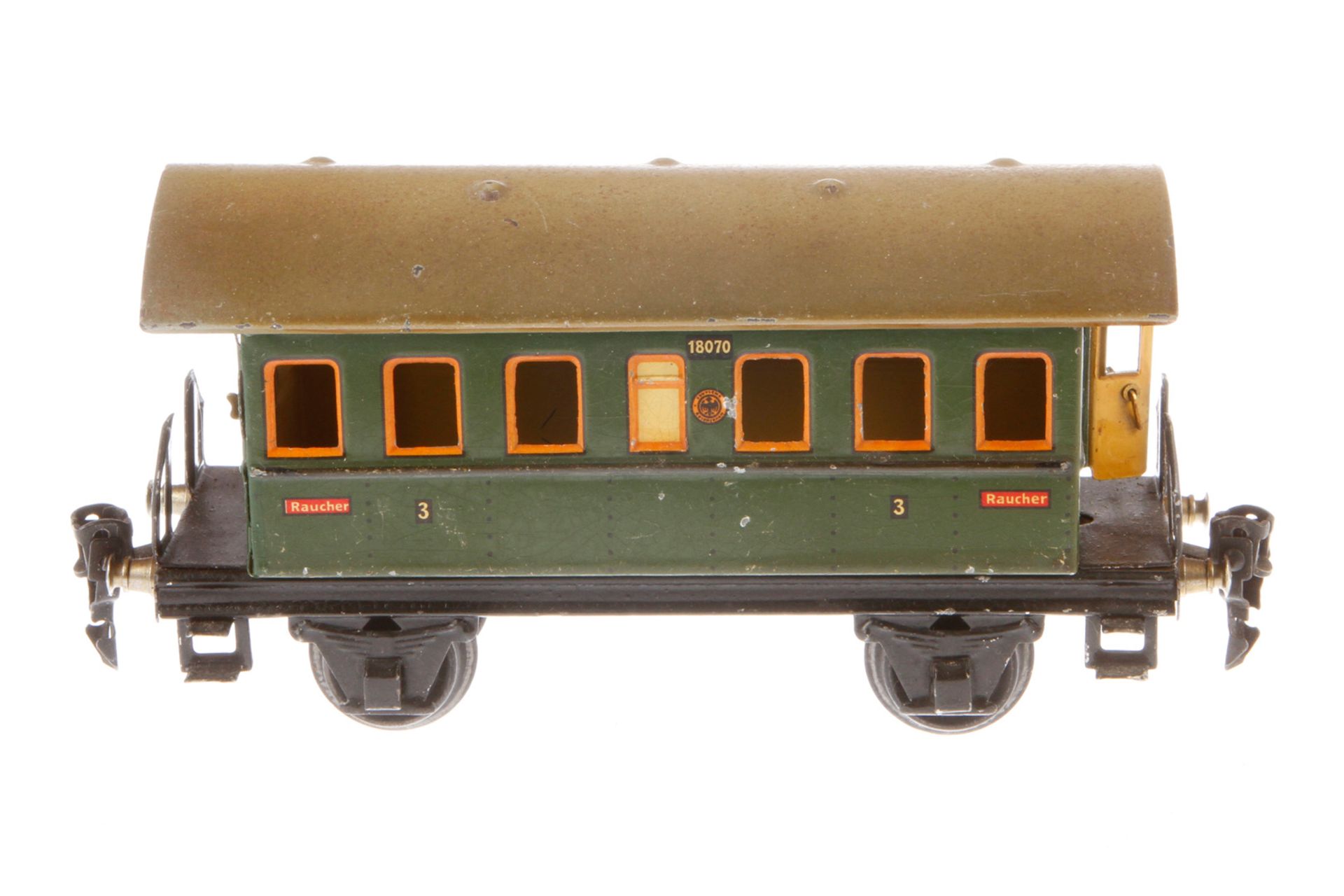 Märklin Personenwagen 1807, Spur 0, CL, mit 2 AT, LS und stark gealterter Lack, L 18,5, Z 3