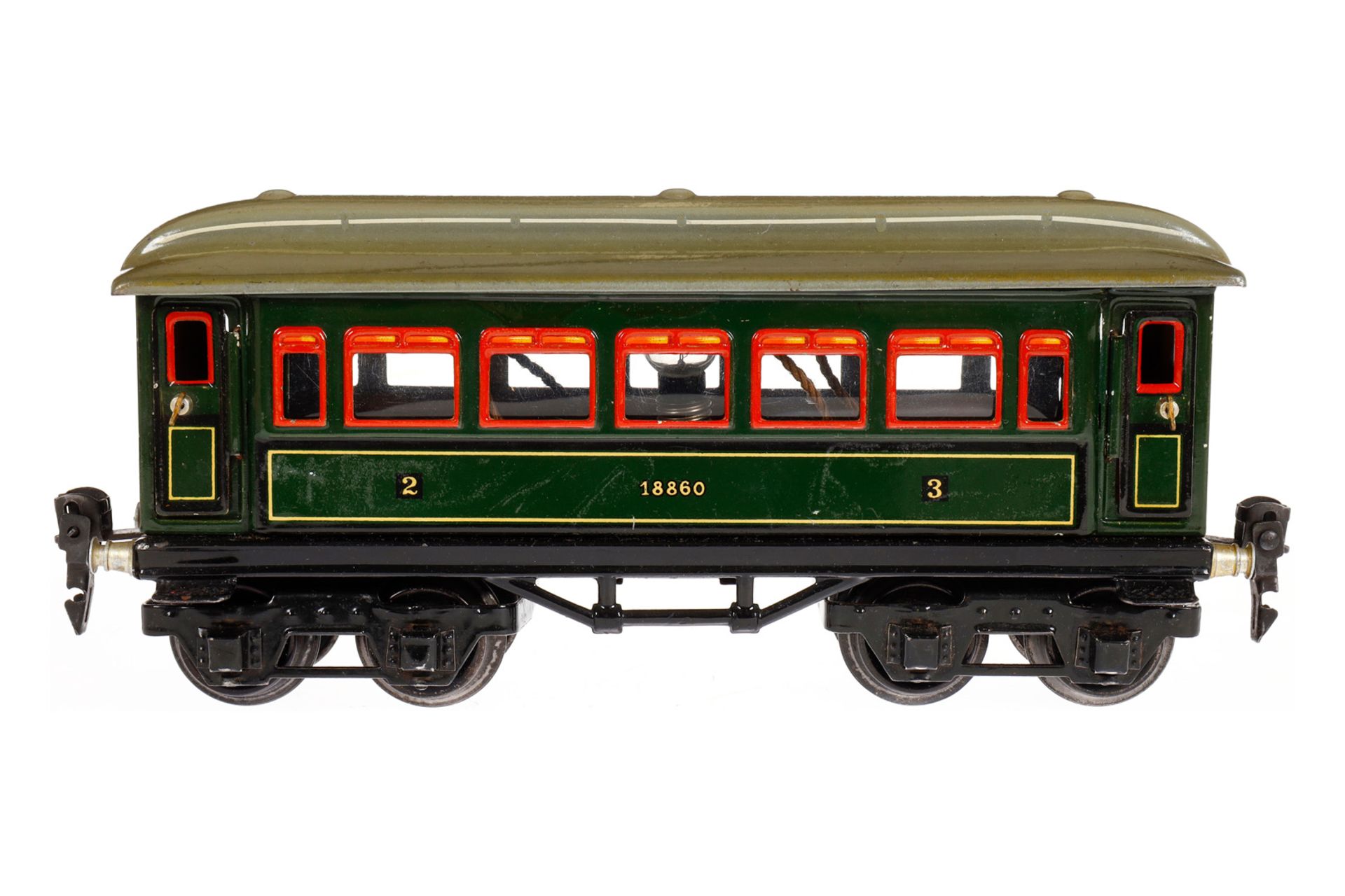 Märklin Personenwagen 1886, Spur 0, CL, mit 4 AT und Beleuchtung, LS und gealterter Lack, L 21,5, im