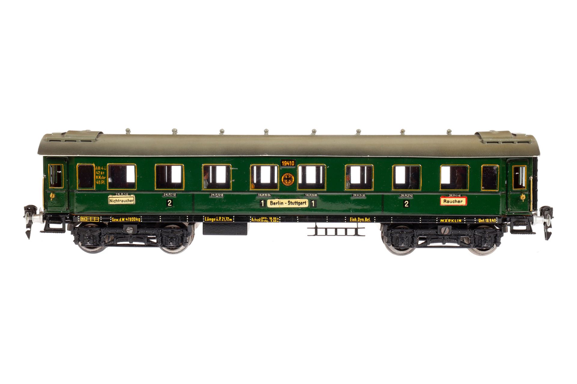 Märklin Personenwagen 1941 G, Spur 0, CL, mit Inneneinrichtung, 4 AT, Gussrädern, Schildern und