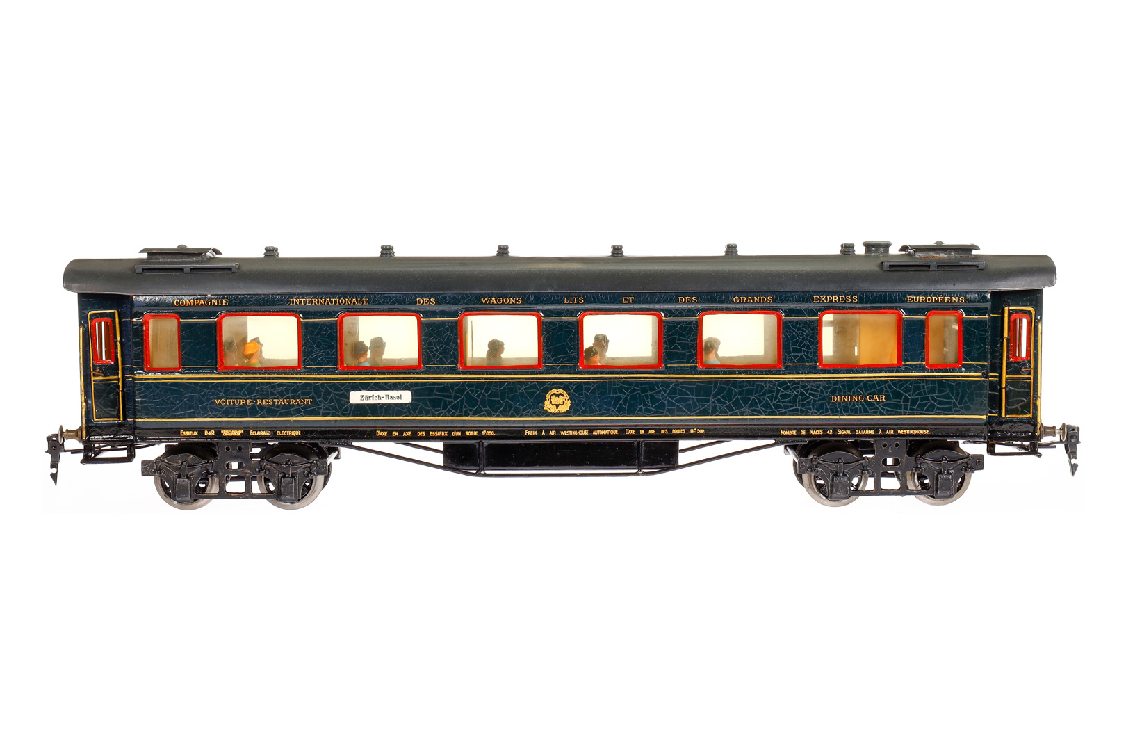 Märklin int. Speisewagen 1946 JG, Spur 1, HL, mit Inneneinrichtung, 4 AT, Gussrädern, Schildern