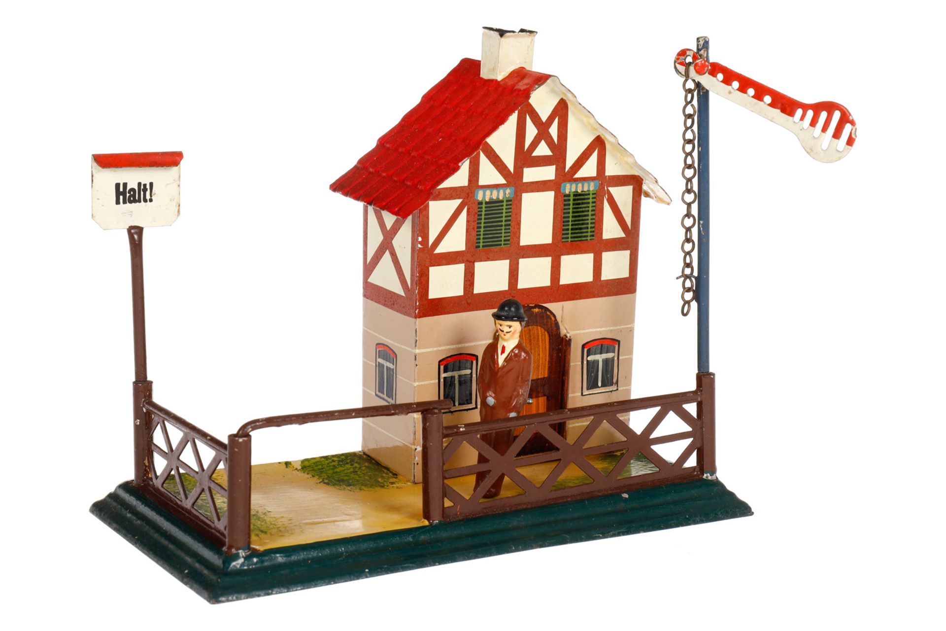 Märklin Wärterhaus 2154, uralt, HL, mit Signal und Haltschild, LS und gealterter Lack, L 18, Z 2