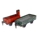 2 Märklin offene Güterwägen, 1 mit BRHh, Spur 0, tw Lötstellen, LS, L 12,5 und 16, Z 3