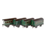 4 Märklin Wagen 1719 und 1720, Spur 0, CL, 2 Dächer rest., LS, L 12,5, Z 3