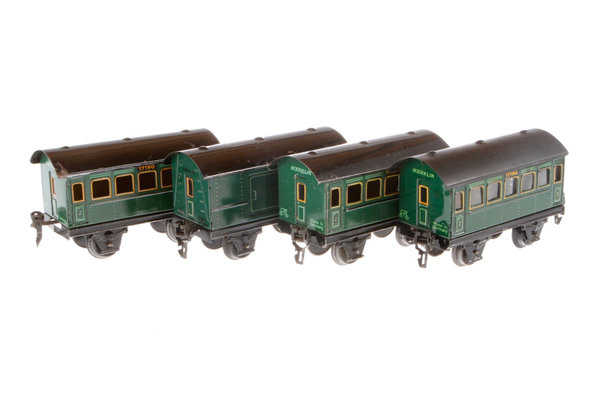 4 Märklin Wagen 1719 und 1720, Spur 0, CL, 2 Dächer rest., LS, L 12,5, Z 3