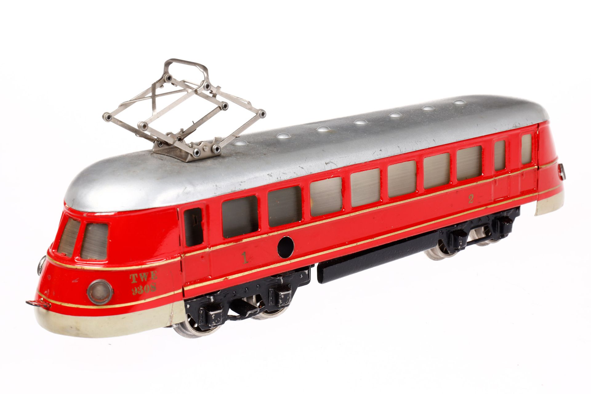 Märklin Triebwagen TWE 930 S, Spur 0, Uhrwerk intakt, rot, LS und gealterter Lack, im tw besch. - Bild 3 aus 6