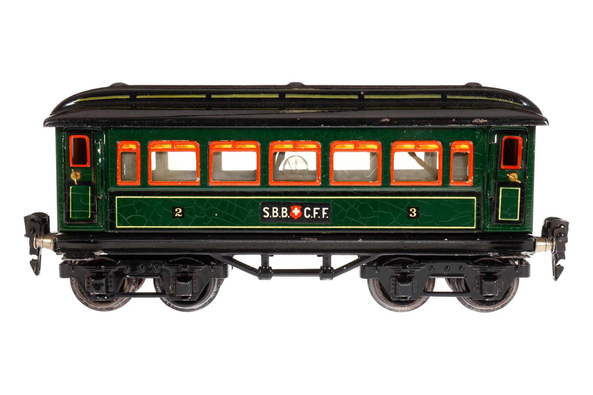 Märklin schweizer Personenwagen 1886, Spur 0, CL, mit 4 AT und Beleuchtung, LS und gealterter