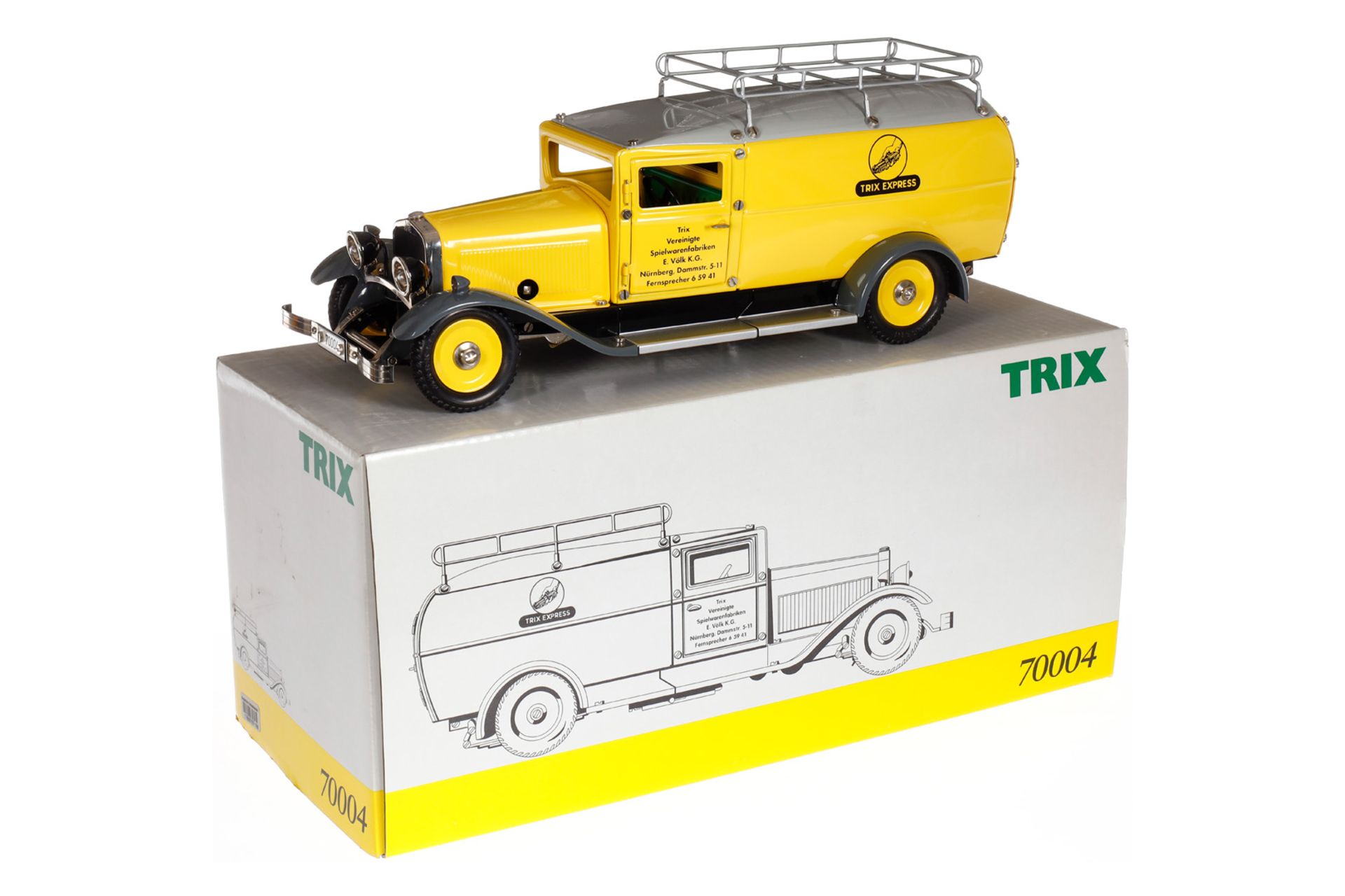 Trix-Auto 70004, gelb/schwarz/grau, mit Schlüssel, Alterungsspuren, L 40, OK, Z 1-2