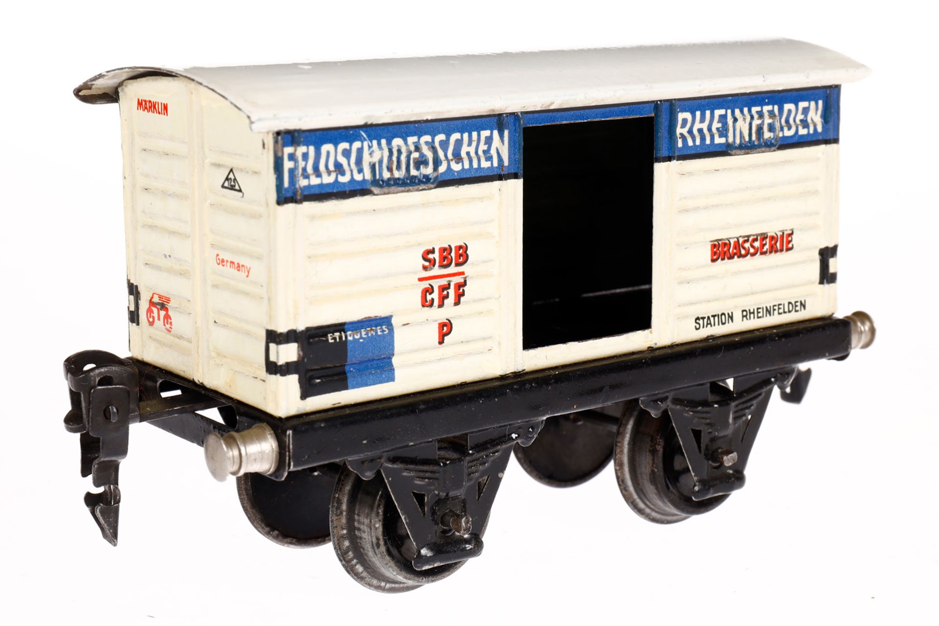 Märklin schweizer Feldschlösschen Bierwagen 1968, Spur 0, HL, 1 TÖ, LS tw ausgeb., gealterter - Bild 2 aus 4