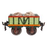 Märklin offener Güterwagen 1816, Spur 1, uralt, HL, mit 2 Säcken beladen, Stirnseite mit engl.