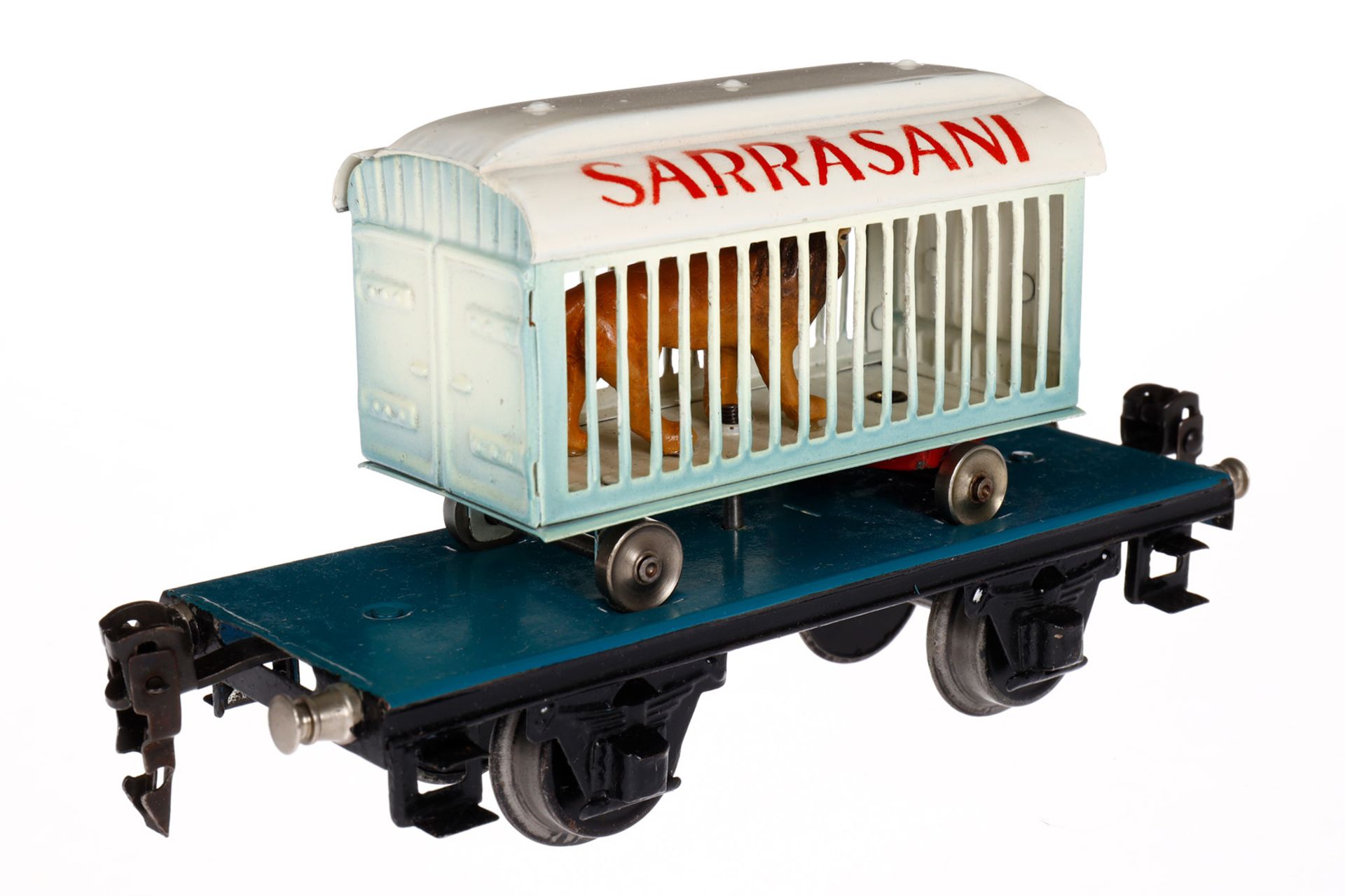 Märklin Plattformwagen 1983, Spur 0, HL, mit Sarrasani Tierwagen und Löwe, LS und gealterter Lack, - Bild 2 aus 4