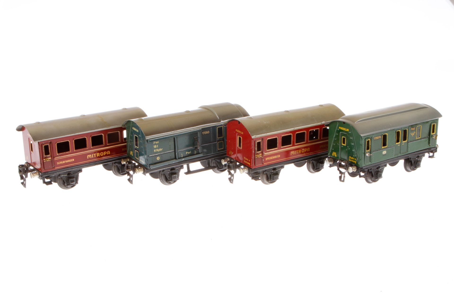 4 Märklin Wagen 1725 und 1726, Spur 0, CL, 1 Dach rest., LS, L 16,5, Z 3