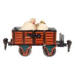 Märklin Hochbordwagen 1889, Spur 0, uralt, HL, mit 2 LTH und 2 Säcken, LS und gealterter Lack, L