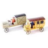 2 Erzgebirge Lieferwagen, 1x Postwagen, Holz, bemalt, Zinnräder, je mit Fahrerfigur, kleine LS und