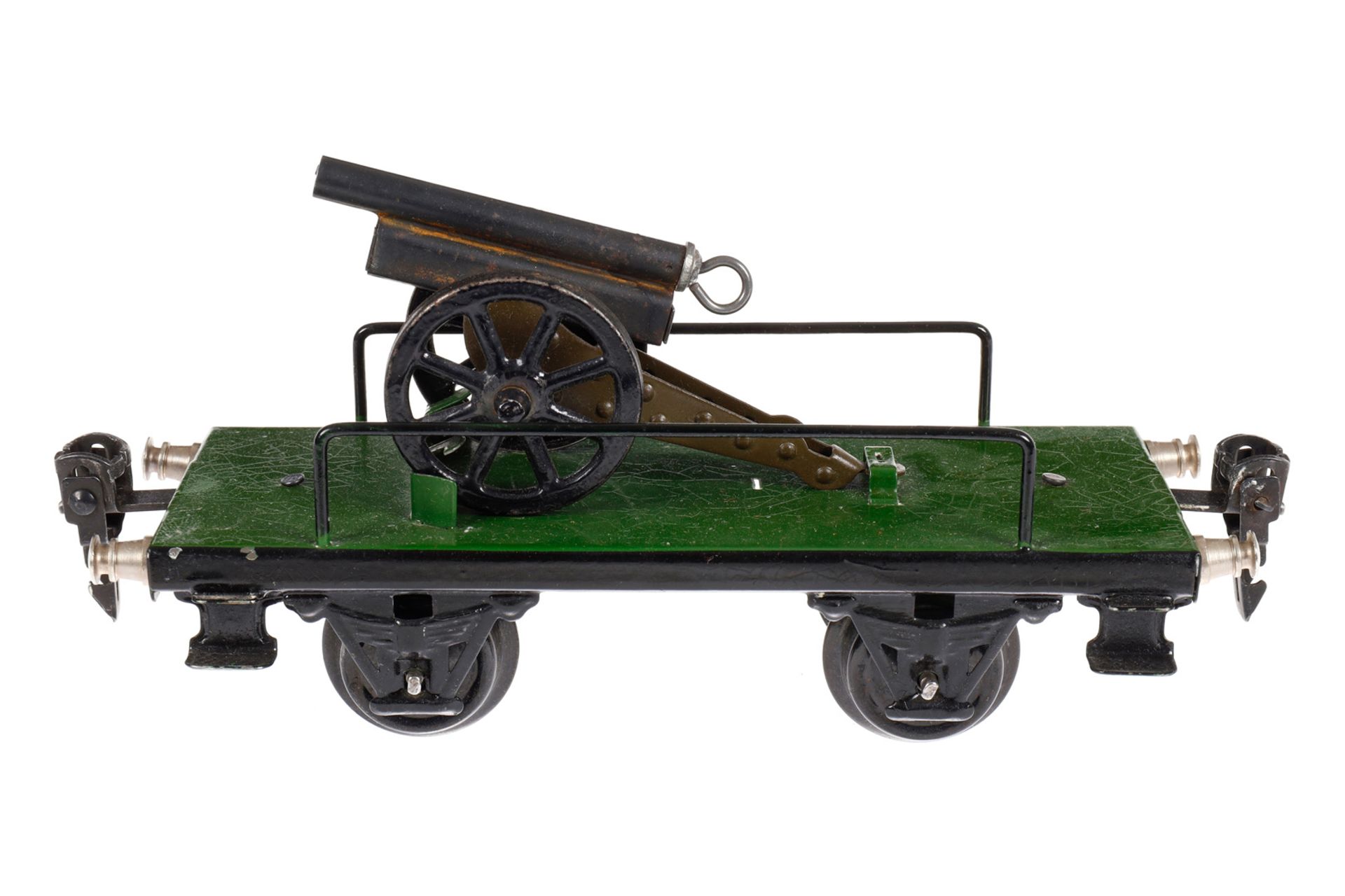 Märklin Niederbordwagen 1998, Spur 0, HL, mit Kanone, LS und gealterter Lack, L 16,5, Z 2