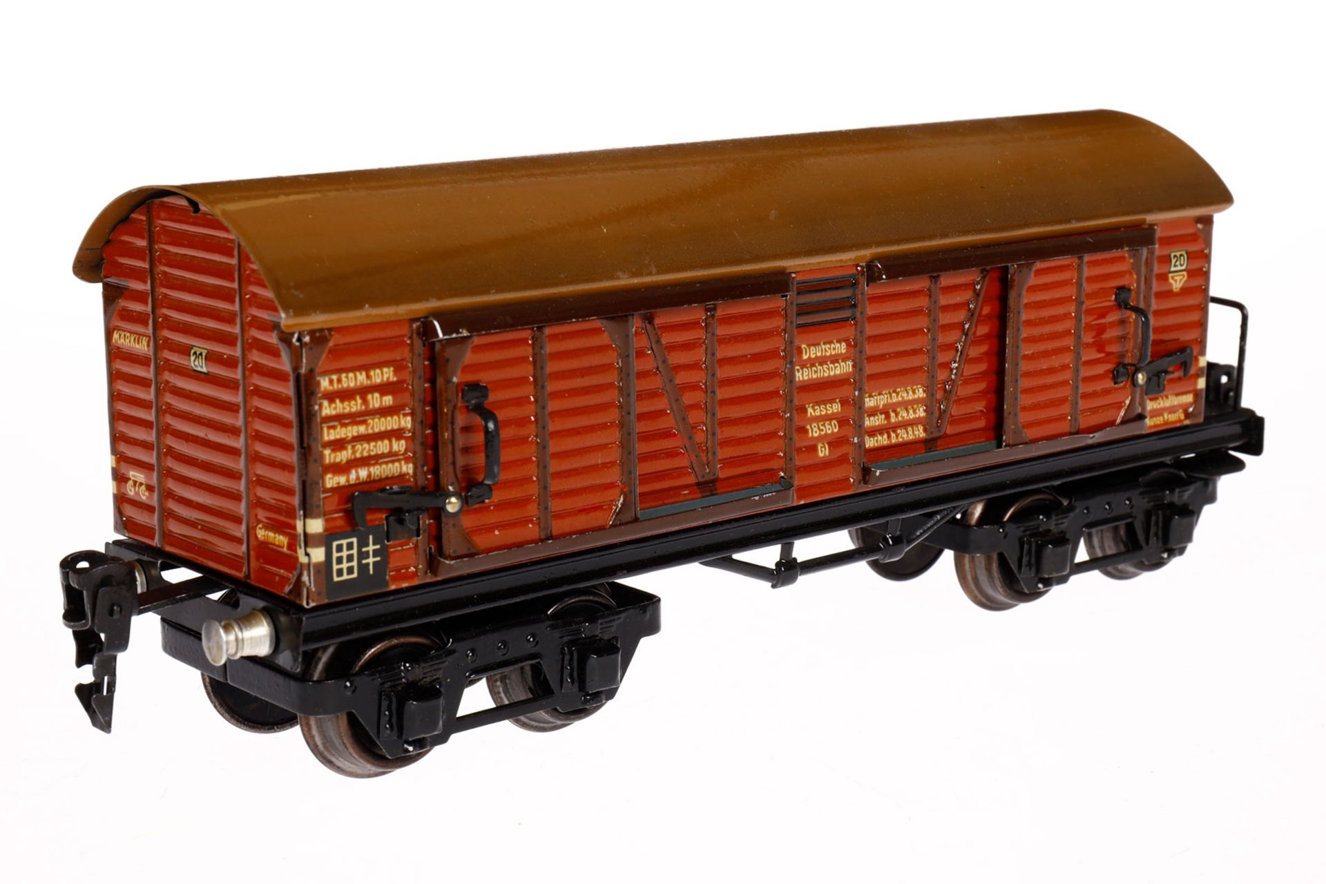 Märklin ged. Güterwagen 1856, Spur 0, CL, mit BRH und 4 STH, LS und gealterter Lack, L 24,5, im - Bild 2 aus 5