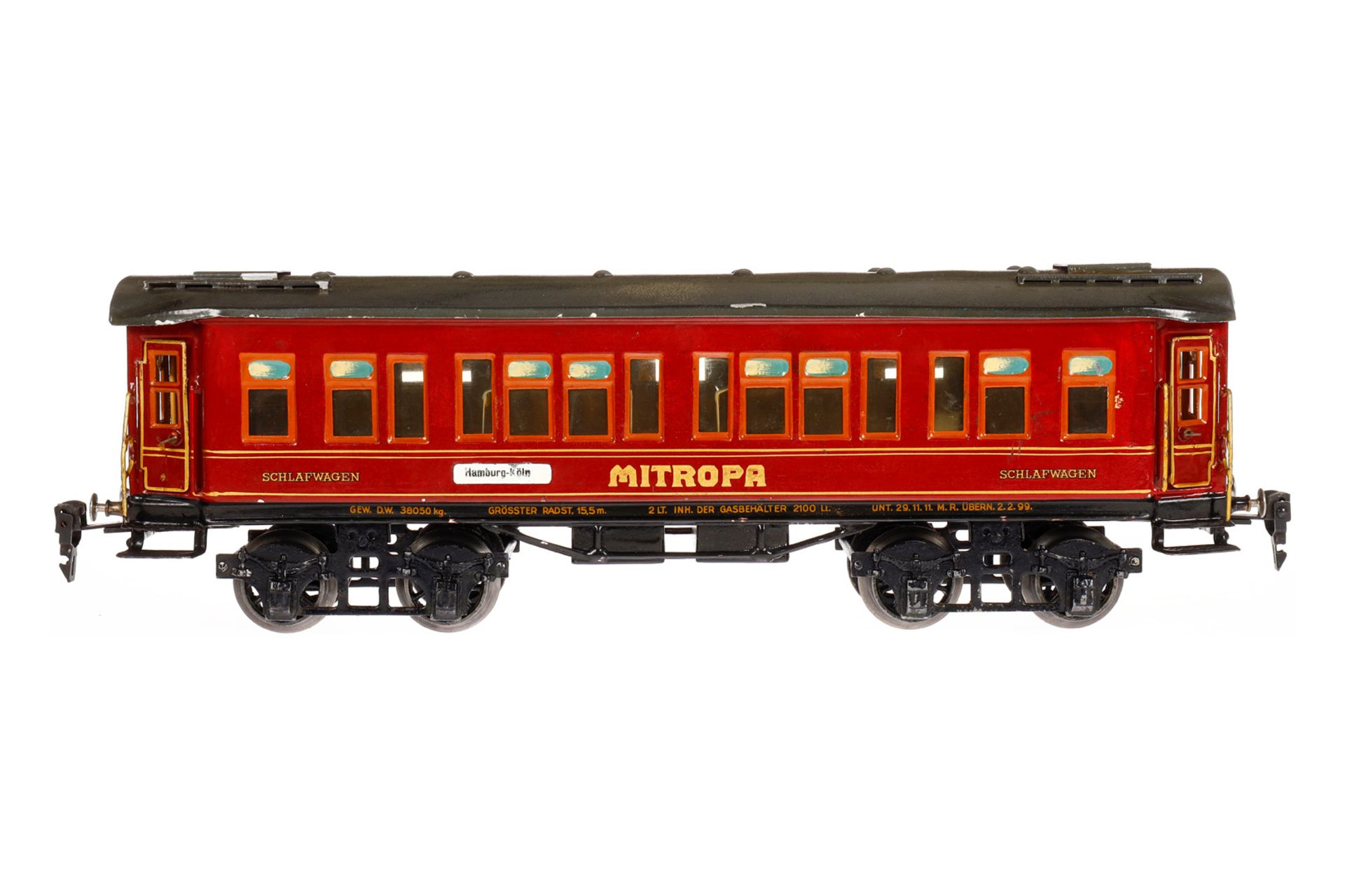 Märklin Mitropa Schlafwagen 1933 G, Spur 1, HL, mit Inneneinrichtung, 4 AT, Gussrädern, Schildern