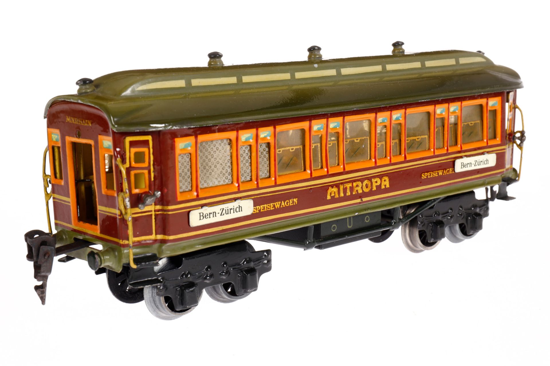 Märklin Mitropa Speisewagen 1932 G, Spur 0, rot, mit Inneneinrichtung, 4 AT, Gussrädern, Schildern - Image 3 of 6