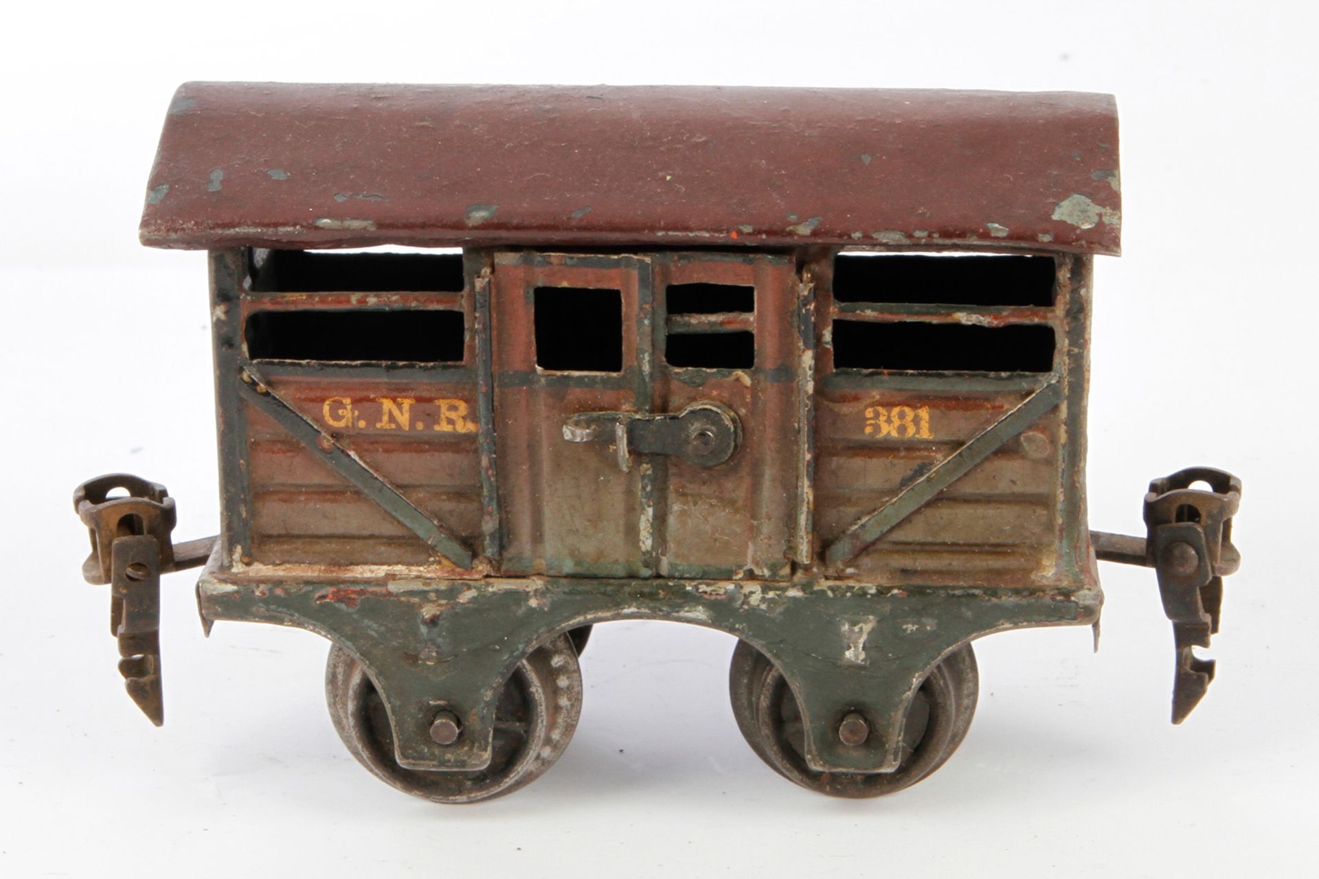 Märklin englischer Pferdewagen "GNR 381", Spur 0, uralt, HL, 2 DT, Dach ÜL, LS, Alterungsspuren, L