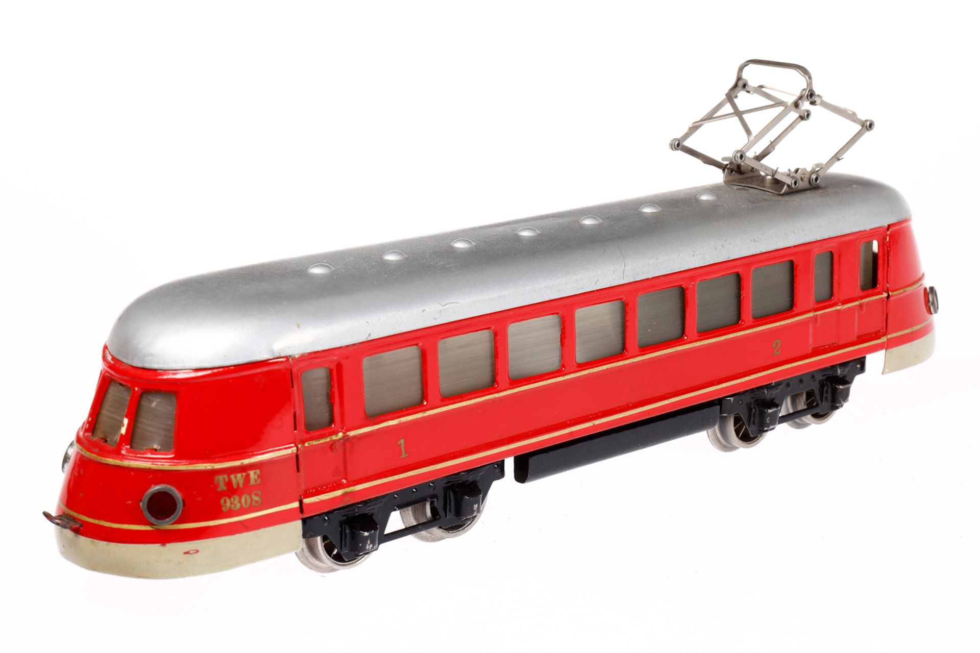 Märklin Triebwagen TWE 930 S, Spur 0, Uhrwerk intakt, rot, LS und gealterter Lack, im tw besch. - Bild 2 aus 6