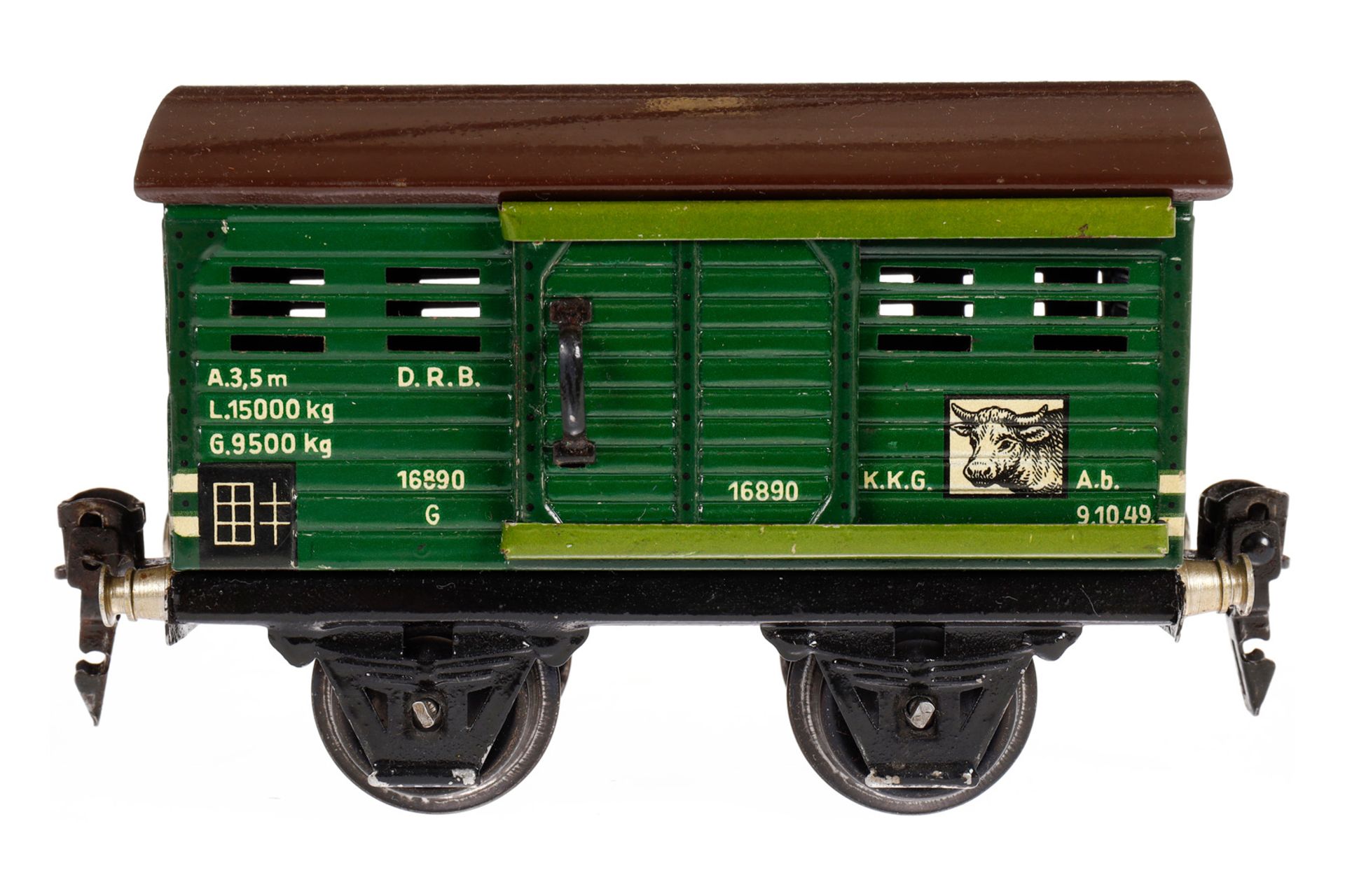 Märklin Viehwagen 1689, Spur 0, CL, mit ST, LS und gealterter Lack, L 13, im tw besch. OK, sonst