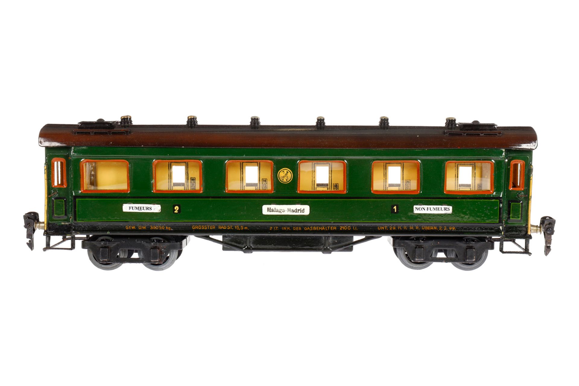 Märklin Personenwagen 1945 G, Spur 0, HL, mit Inneneinrichtung, 4 AT, Gussrädern, Schildern und