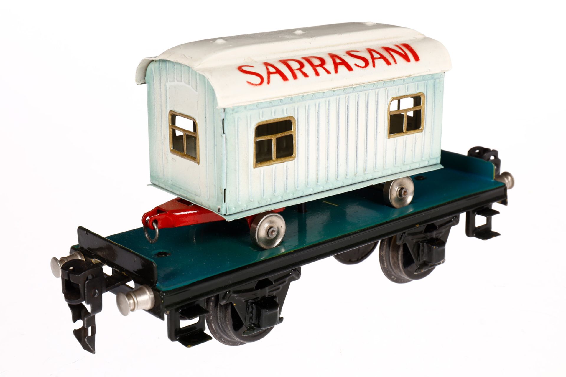 Märklin Plattformwagen 1983, Spur 0, HL, mit Sarrasani Kassenwagen, Unterwagen Klarlack, LS und - Bild 2 aus 4