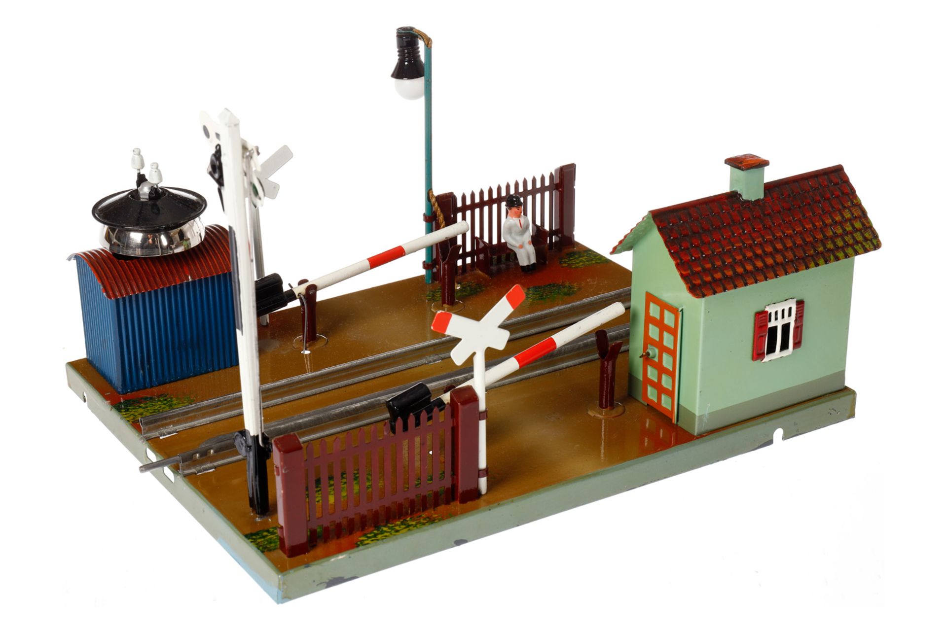 Märklin Bahnübergang 2231, Spur 0, HL, mit Zugauslösung, 2 Schildern, Bogenlampe und Stecksignal,