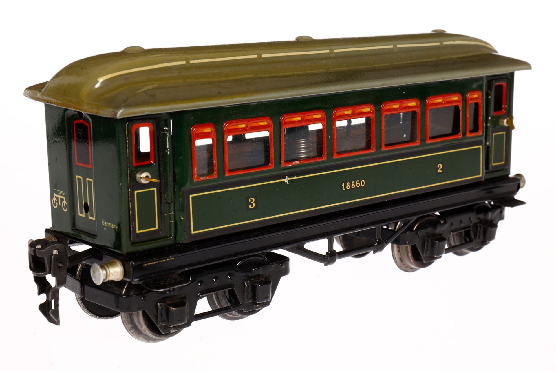 Märklin Personenwagen 1886, Spur 0, CL, mit 4 AT und Beleuchtung, LS und gealterter Lack, L 21,5, im - Bild 3 aus 6