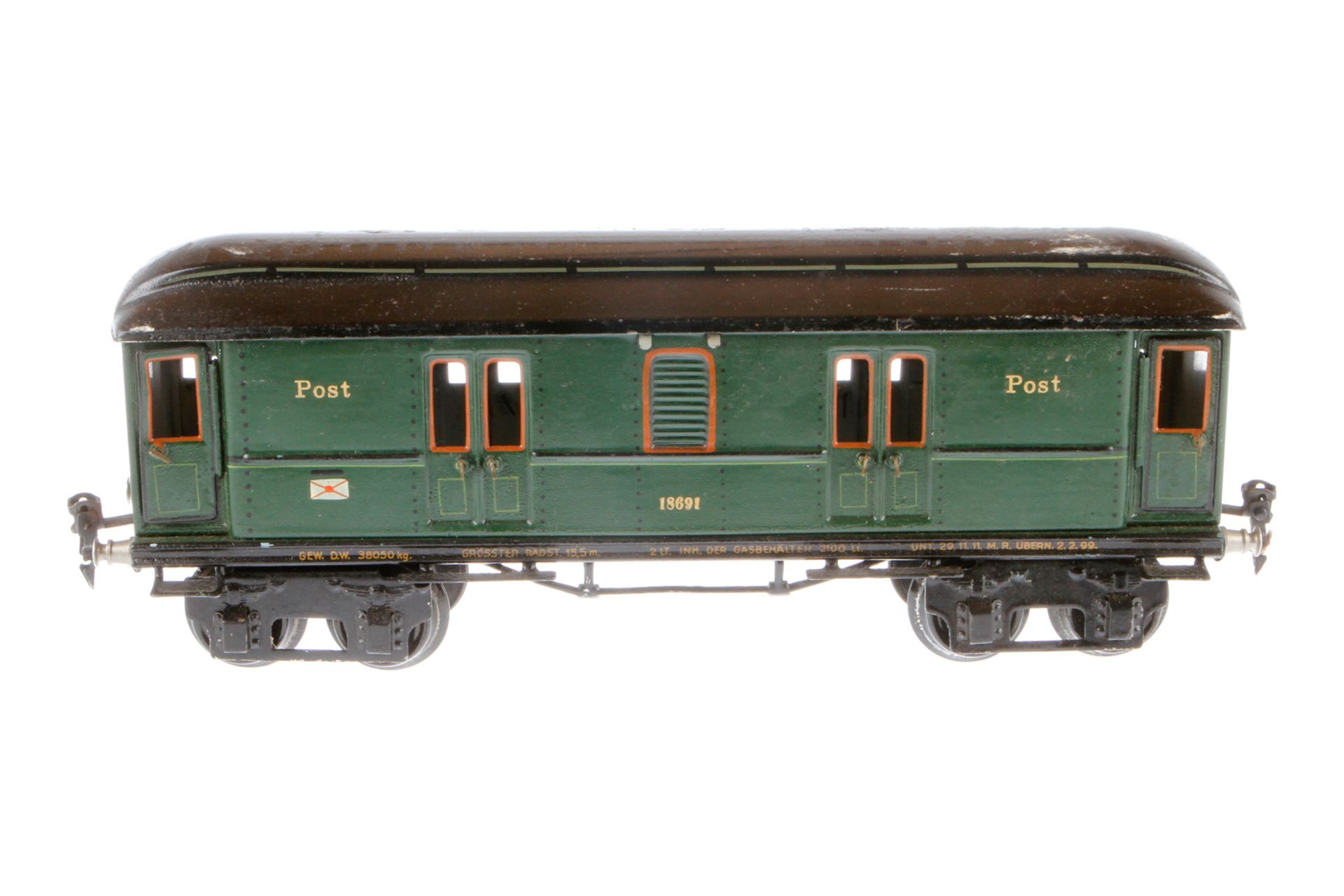 Märklin Postwagen 1869, Spur 1, HL, mit 4 AT, LS und gealterter Lack, L 33, Z 3