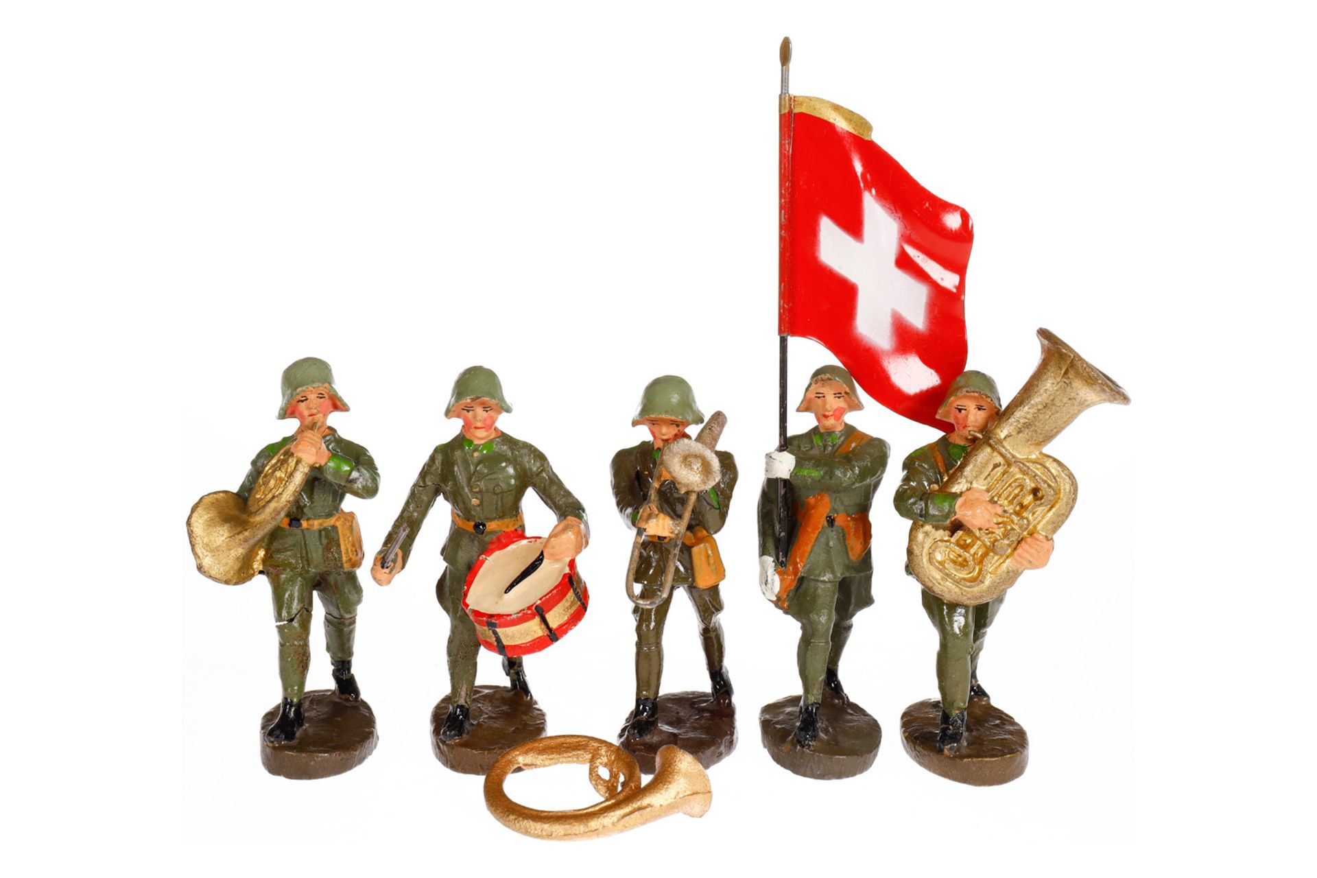 5 Elastolin Soldaten, Masse, HL, darunter 1 schweizer Fahnenträger, LS und Alterungsspuren, sonst