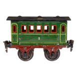 Märklin Personenwagen 1805, Spur 1, uralt, grün, HL, LS und gealterter Lack, L 15, Z 2-3