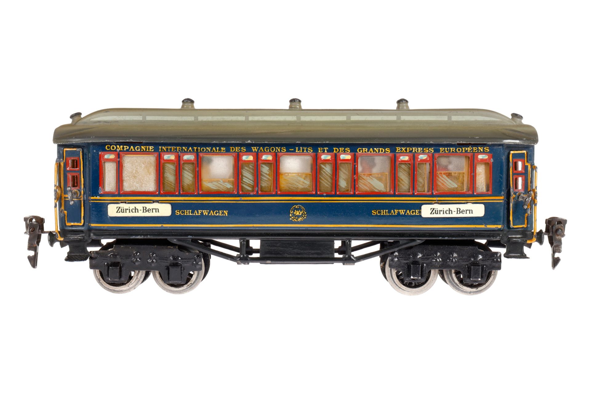 Märklin int. Schlafwagen 1933 G, Spur 0, blau, mit Inneneinrichtung, 4 AT, Gussrädern, Schildern und