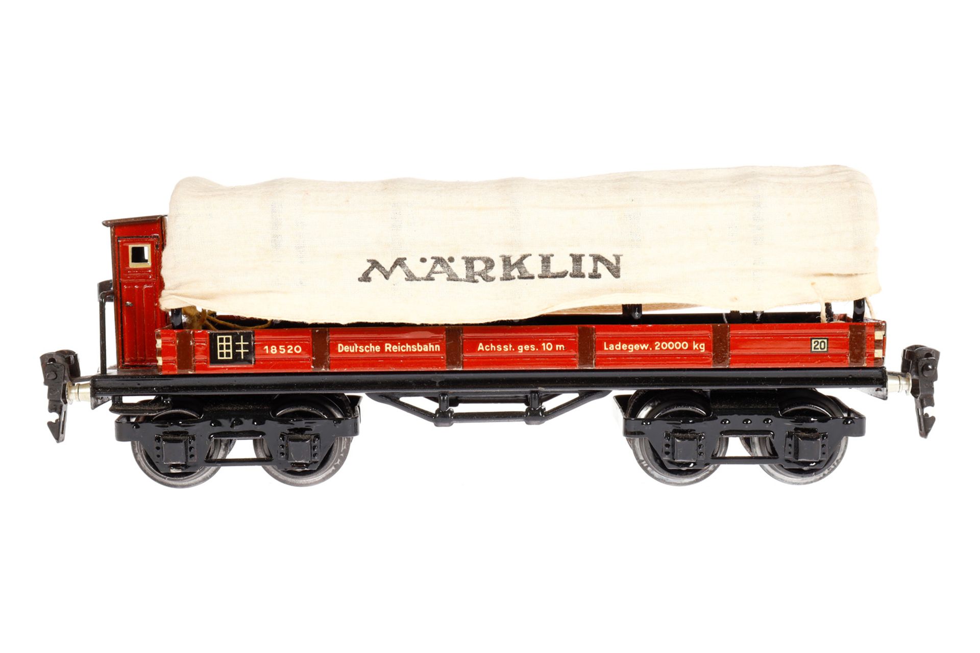 Märklin Planewagen 1853, Spur 0, CL, mit BRH, LS und gealterter Lack, L 24,5, im leicht besch. OK,