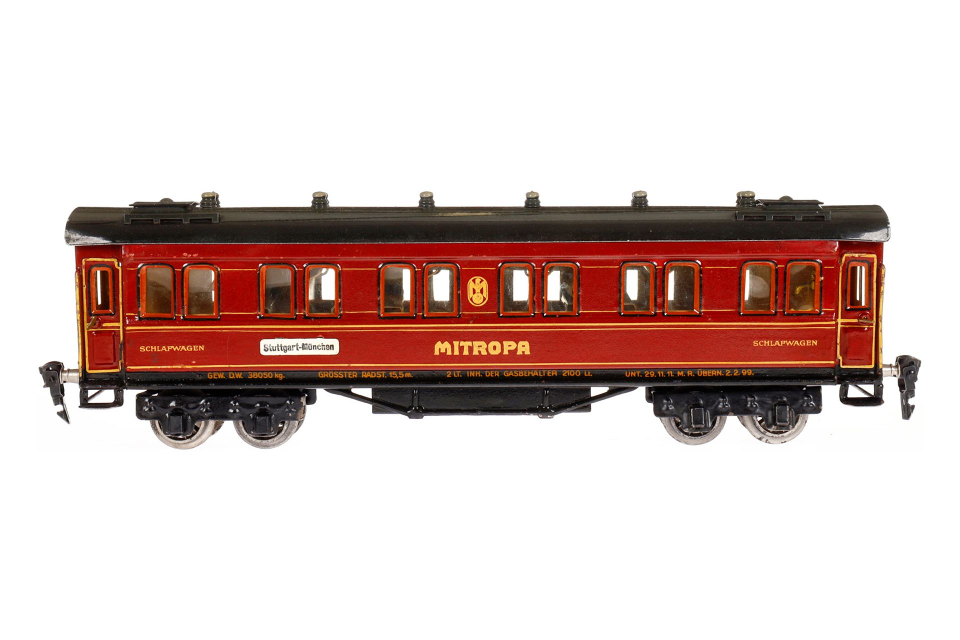 Märklin Mitropa Schlafwagen 1947 G, Spur 0, HL, mit Inneneinrichtung, 4 AT, Gussrädern, Schildern