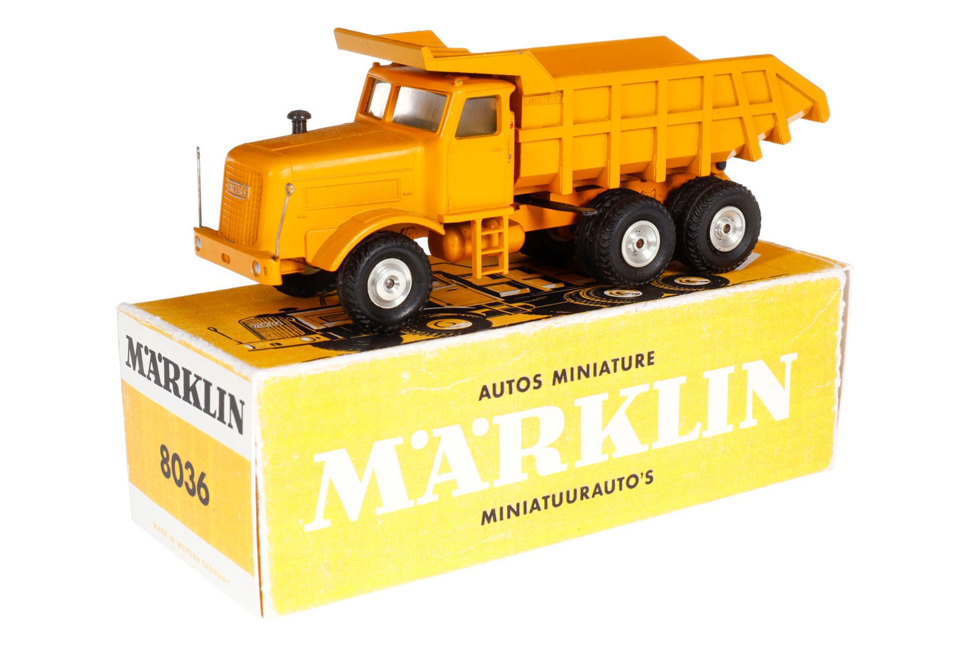 Märklin Kaelble-Hinterkipper 8036, gelb, LS und Alterungsspuren, im Replik-Karton, sonst Z 1-2